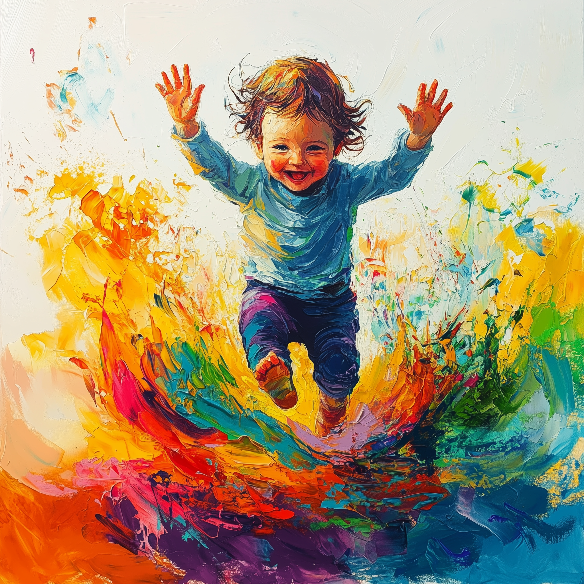 Unser Lieblingsfoto im Aquarellstil, es zeigt ein aus einem Farbtopf springendes Kind was sich freut.