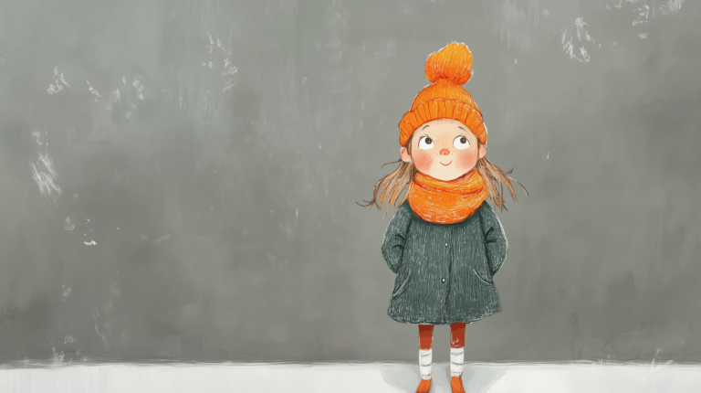 Ein zufriedenes Kind mit einer orangen Mütze,