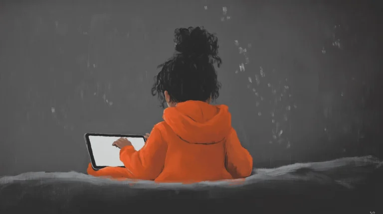 Ein Kind was mit dem Rücken zu uns sitzt und in ein Tablet blickt.