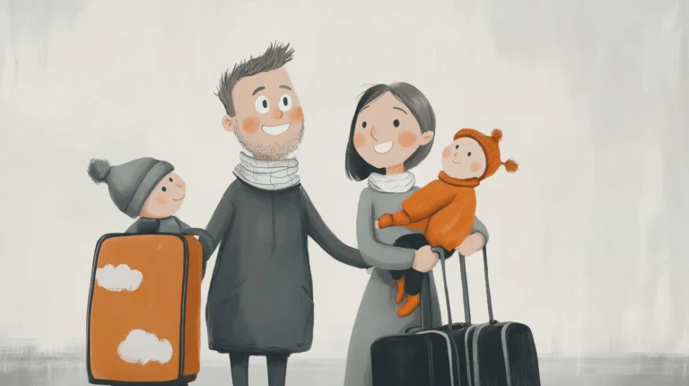 Eine Familie mit Koffern, die in Urlaub fährt.