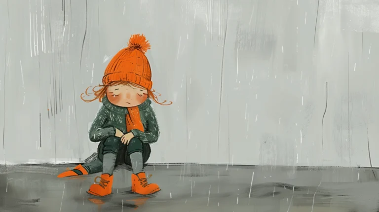 Ein traurig im Regen sitzendes Kind.
