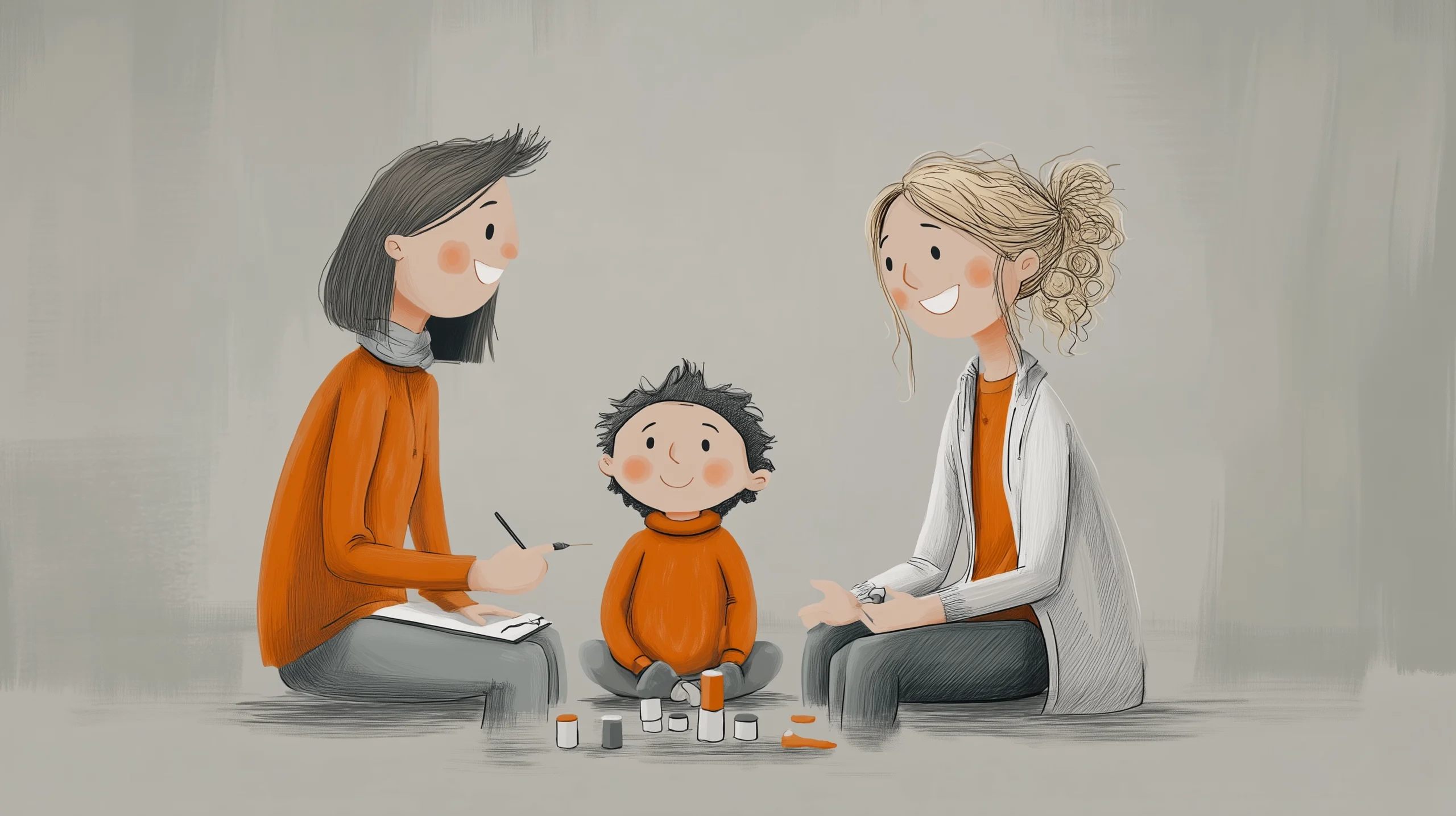 Zwei Erwachsene die neben einem Kind sitzen, was gerade einen Entwicklungstest erhält.