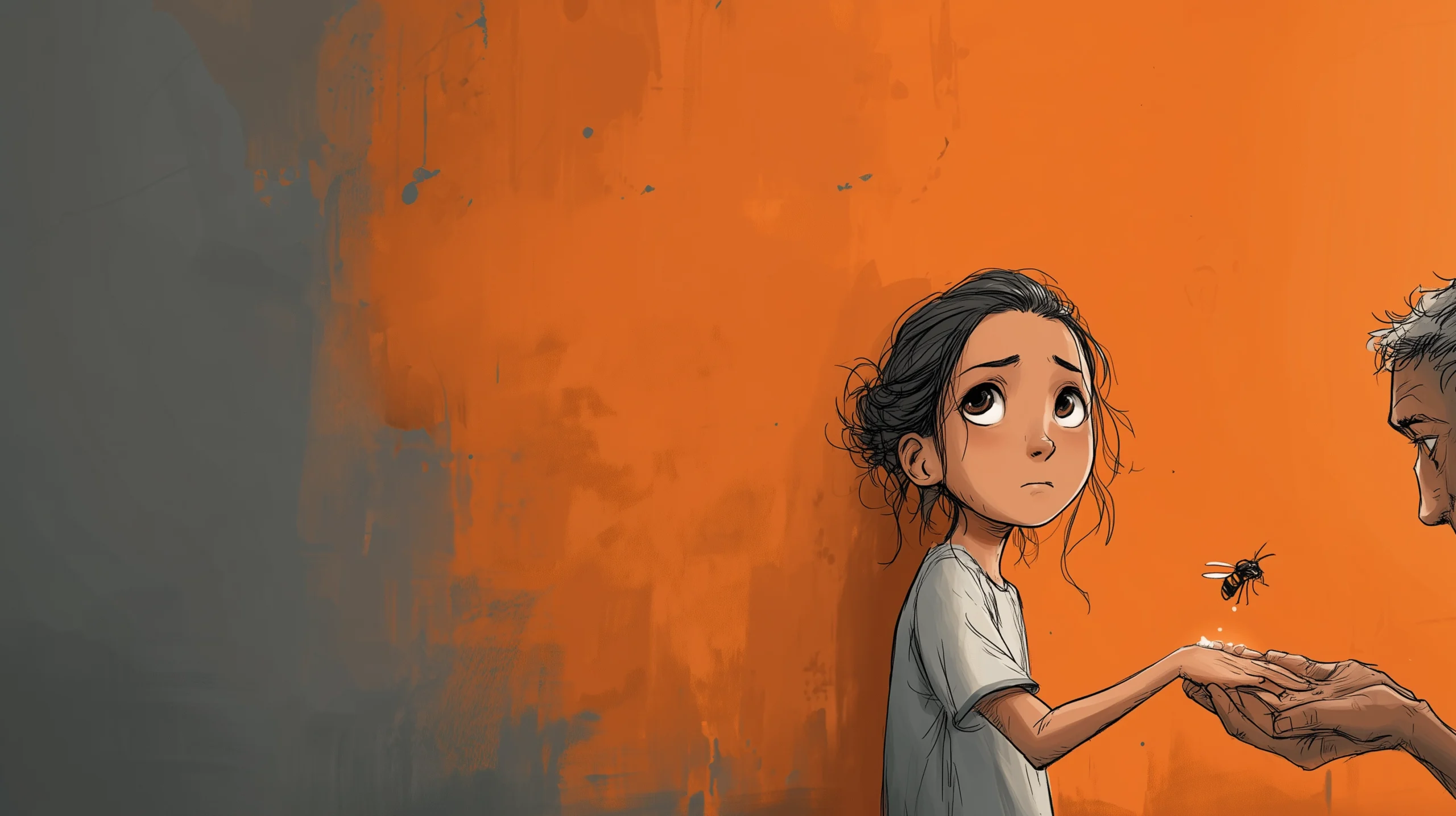 Ein Bild eines Kindes was traurig schaut und von einer Biene gestochen wird