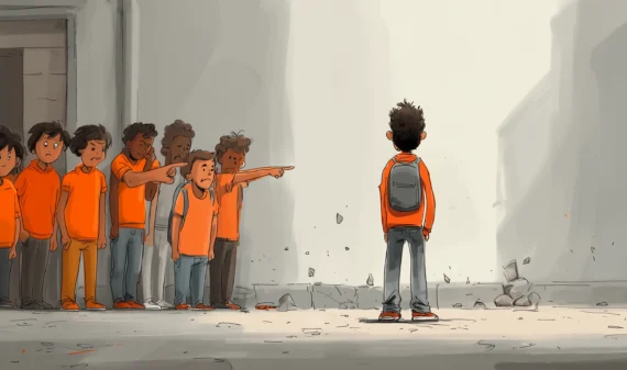 Eine Mobbing-Szene, bei der Kinder auf ein einzeln stehendes Kind mit dem Finger zeigen.