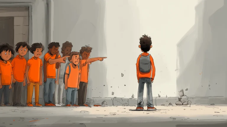 Eine Mobbing-Szene, bei der Kinder auf ein einzeln stehendes Kind mit dem Finger zeigen.