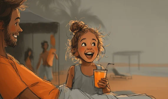 Eine Grafik die ein Kind mit einem Getränk in der Hand am Strand zeigt