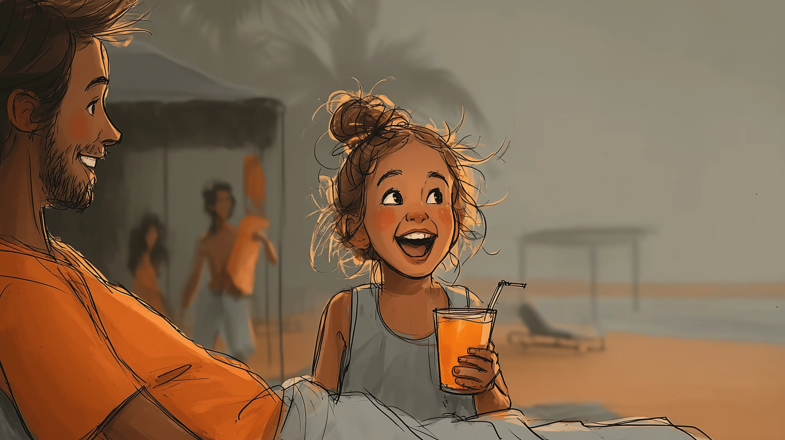 Eine Grafik die ein Kind mit einem Getränk in der Hand am Strand zeigt