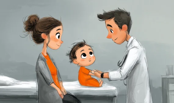 Eine Zeichnung einer Szene in der Kinderarztpraxis. Ein Baby wird von einem Arzt an Händen gehalten.
