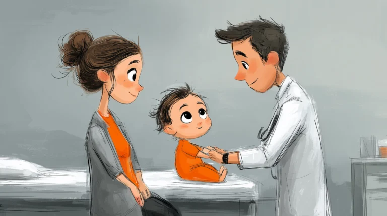 Eine Zeichnung einer Szene in der Kinderarztpraxis. Ein Baby wird von einem Arzt an Händen gehalten.