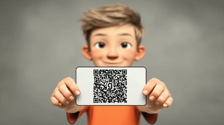 Eine Zeichnung eines Kindes, das eine weiße Karte mit einem QR-Code in die Kamera hält.