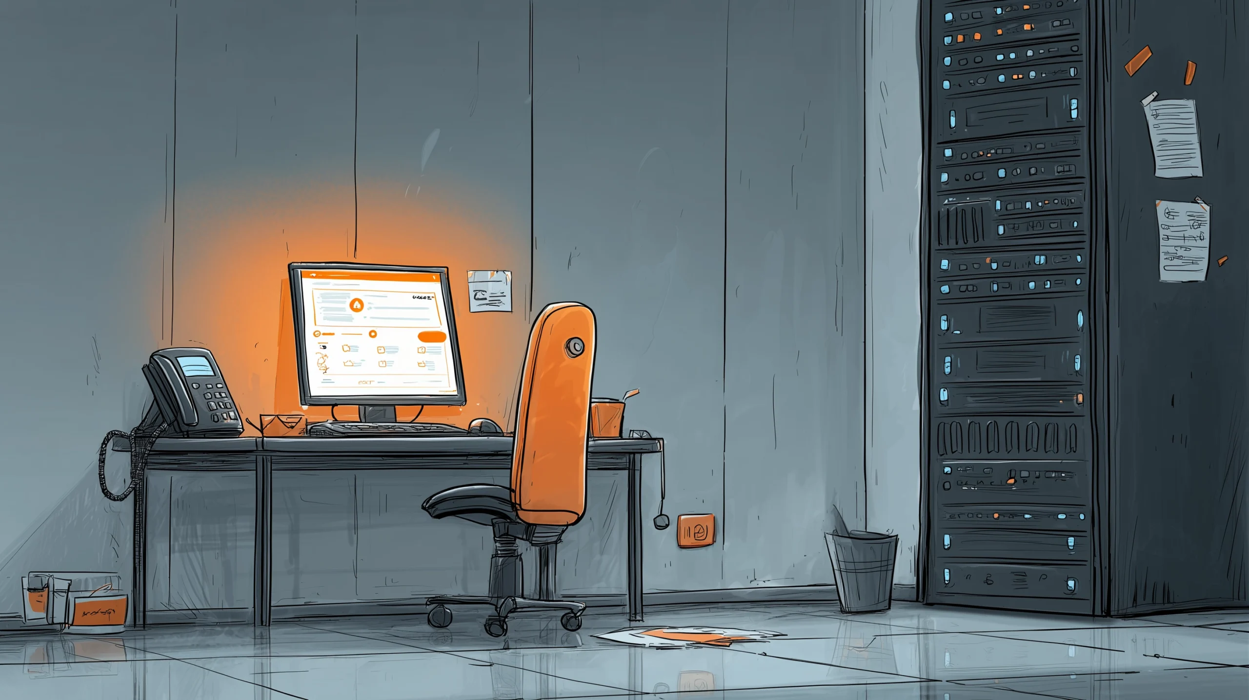 Bild eines PCs und eines Servers in einer Kinderarztpraxis.