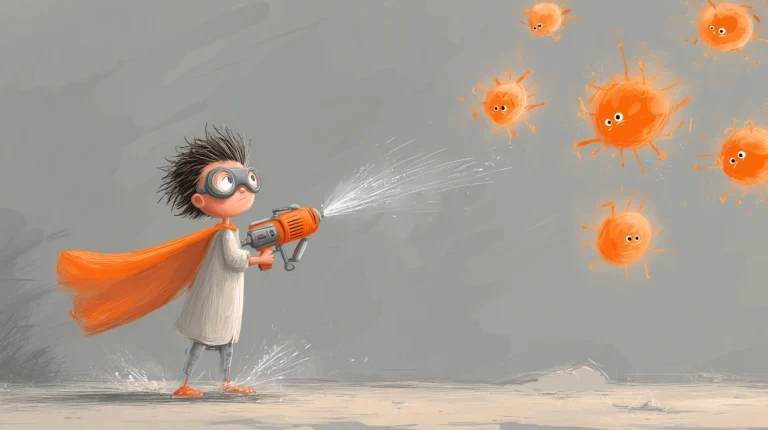 Ein Kind was mit einer Wasserspritzpistole auf Viren schießt.