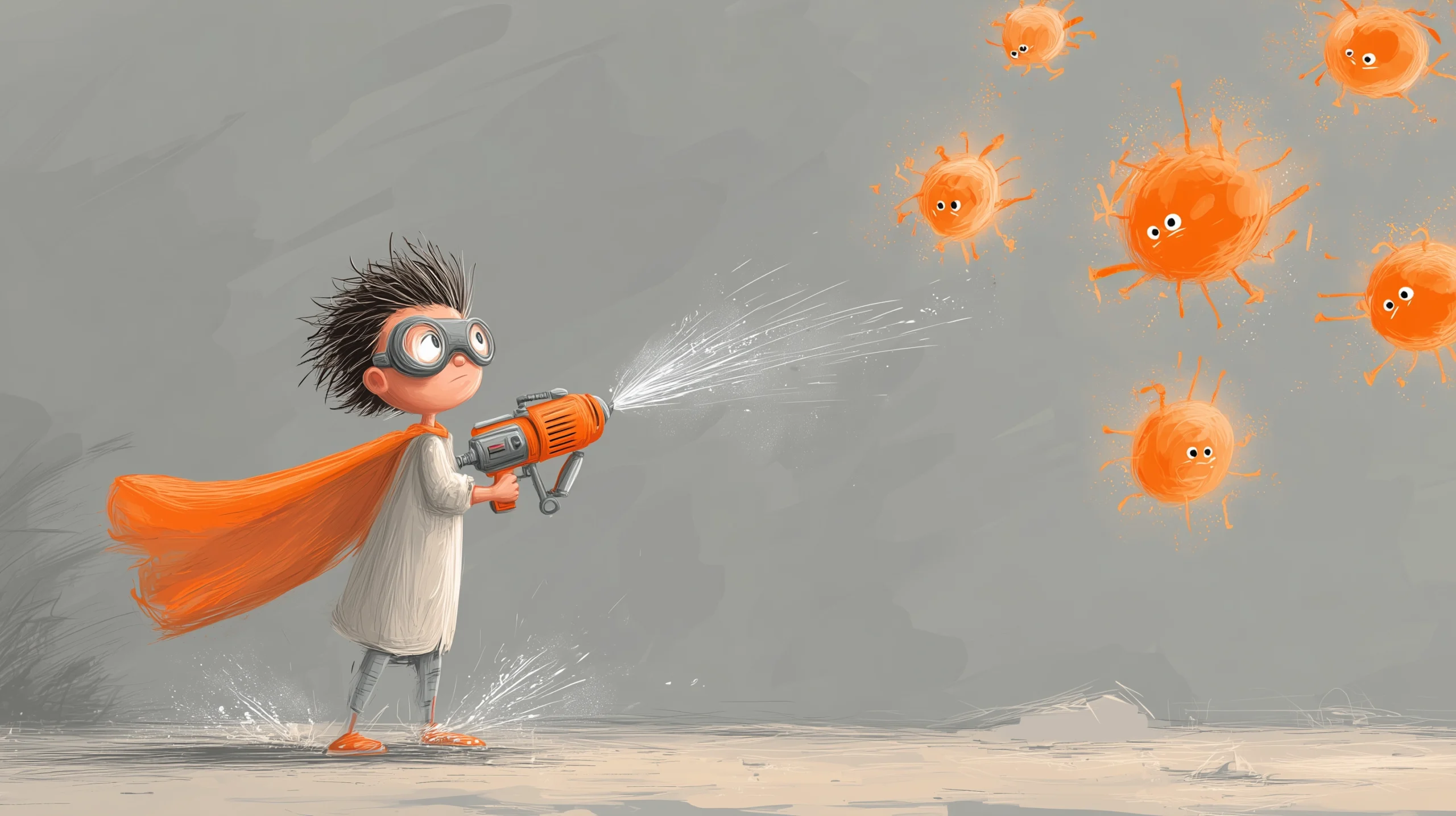 Ein Kind was mit einer Wasserspritzpistole auf Viren schießt.