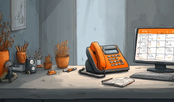 Ein Computerbildschirm mit Blumengesteck daneben.