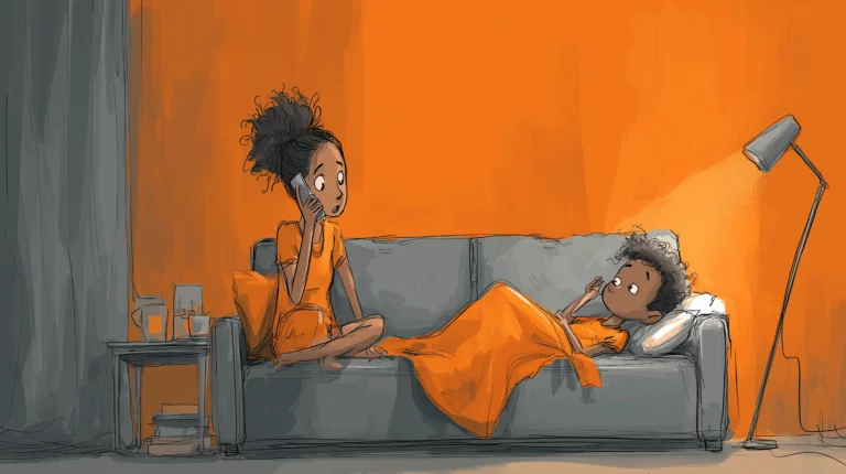 Ein Kind liegt krank auf dem Sofa. Die Mutter sitzt daneben und ruft den Kinderarzt an.