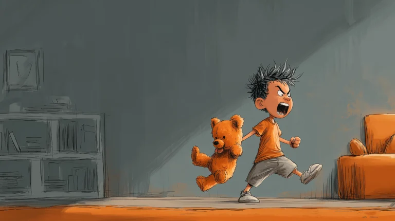 Ein Bild eines Kindes was zornig mit seinem Teddybären in der Hand auf den Boden stampft.