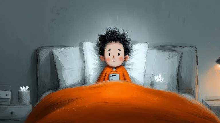 Ein Kind was mit einer Magen-Darm-Infektion im Bett liegt