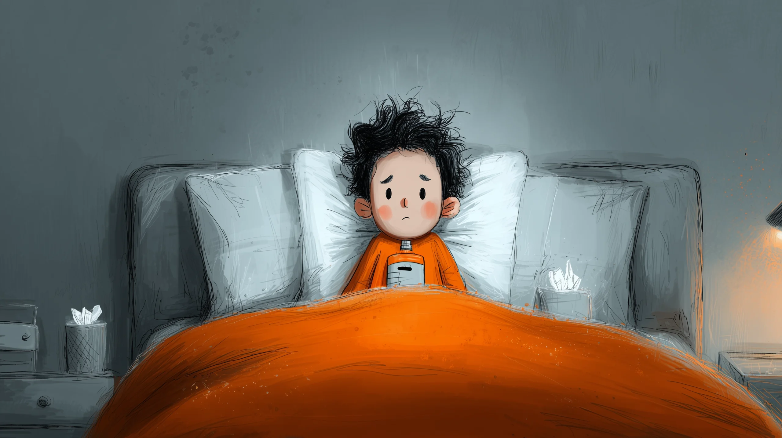 Ein Kind was mit einer Magen-Darm-Infektion im Bett liegt