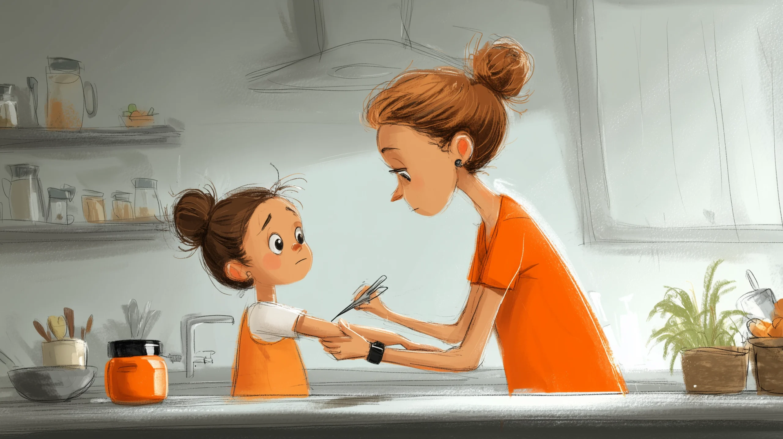 Eine Zeichnung einer Mutter, die mit einer Pinzette eine Zecke am Unterarm ihrer Tochter entfernt.