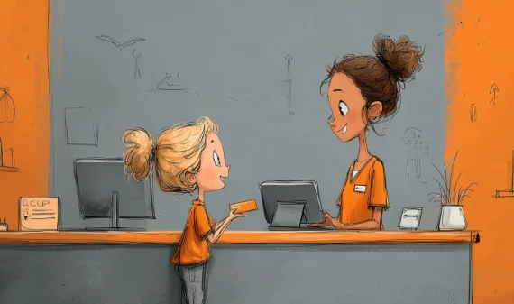 Ein lächelndes Kind übergibt einer freundlichen MFA seine Krankenversicherungskarte.