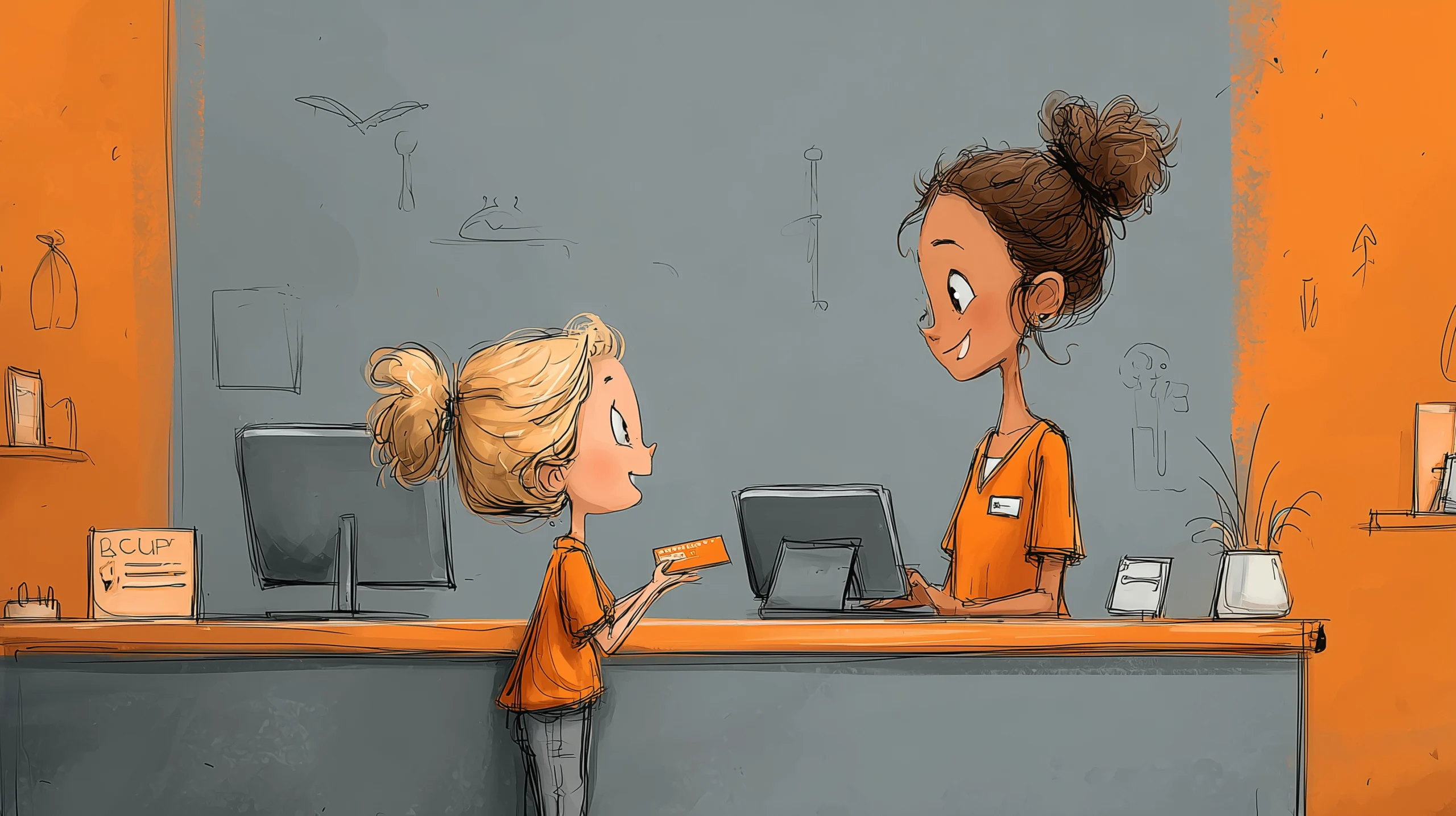 Ein lächelndes Kind übergibt einer freundlichen MFA seine Krankenversicherungskarte.