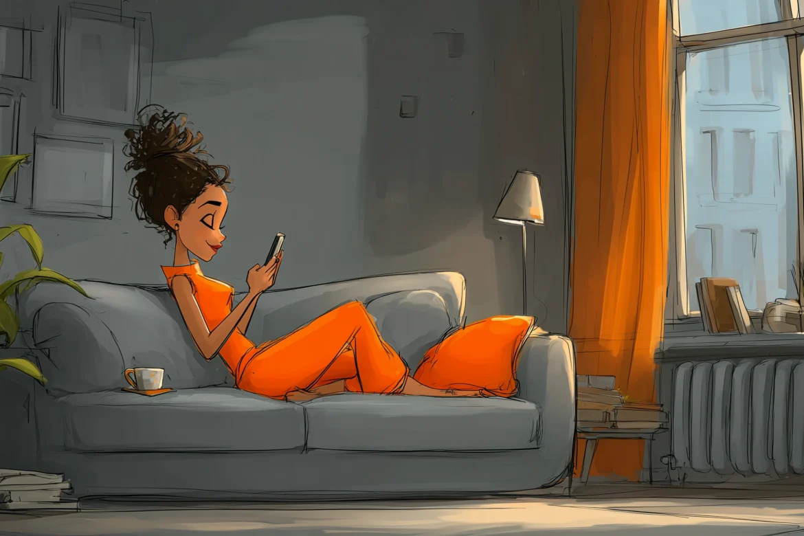 Eine Illustration einer Mutter, die auf einem Sofa sitzt und ihr Handy bedient.
