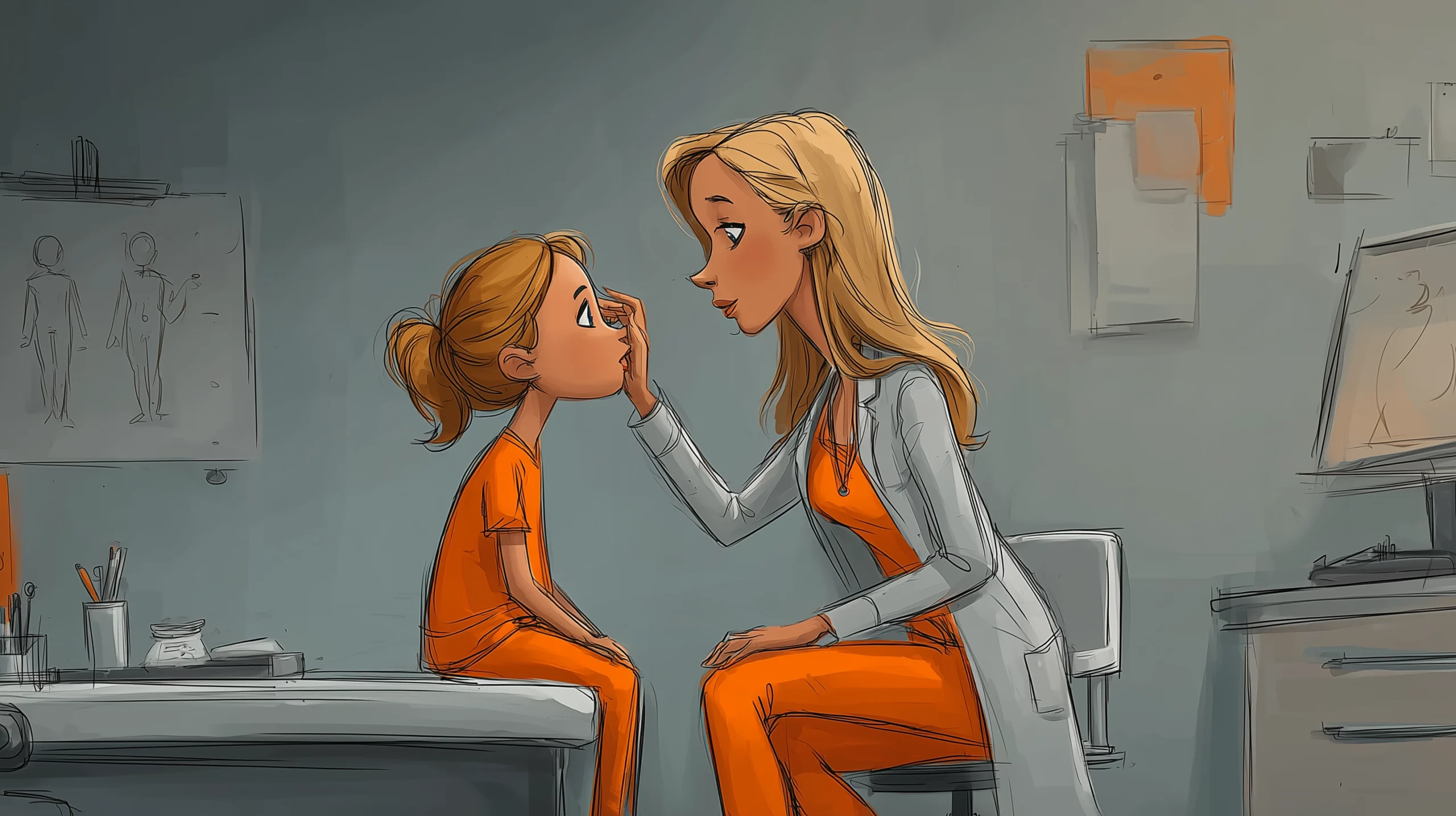 Eine Illustration, die die Untersuchung eines Kindes mit Bindehautentzündung zeigt.