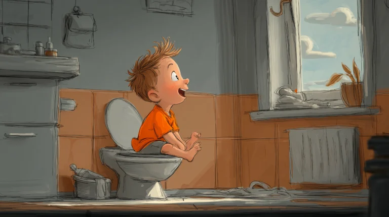 Eine Illustration eines Kindes was bekleidet auf einer Toilette sitzt und lacht.