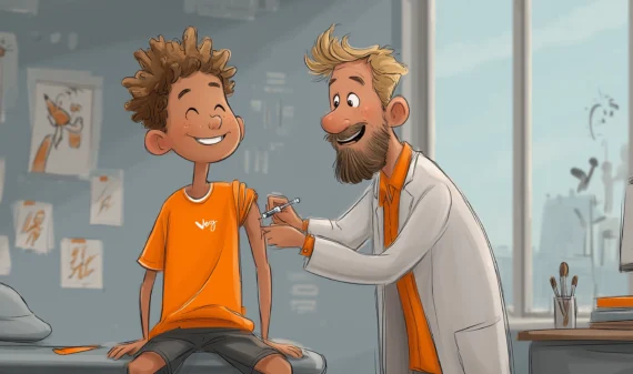 Illustrationen einer Szene in einer Arztpraxis. Ein Arzt impft einen Jugendlichen.
