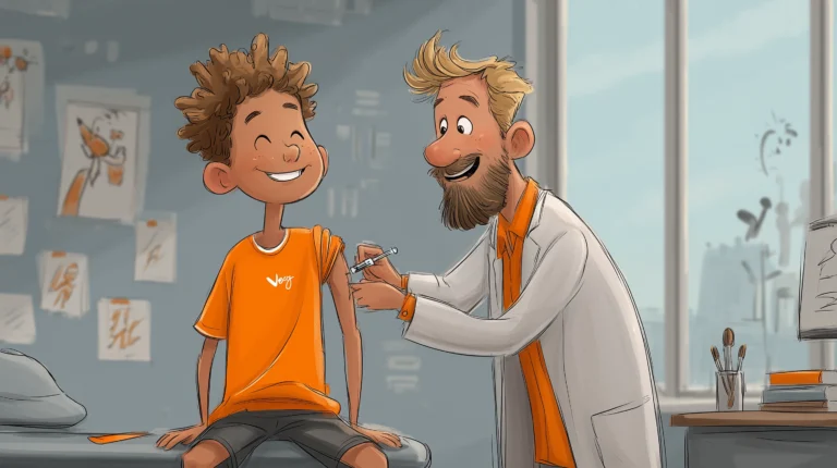 Illustrationen einer Szene in einer Arztpraxis. Ein Arzt impft einen Jugendlichen.