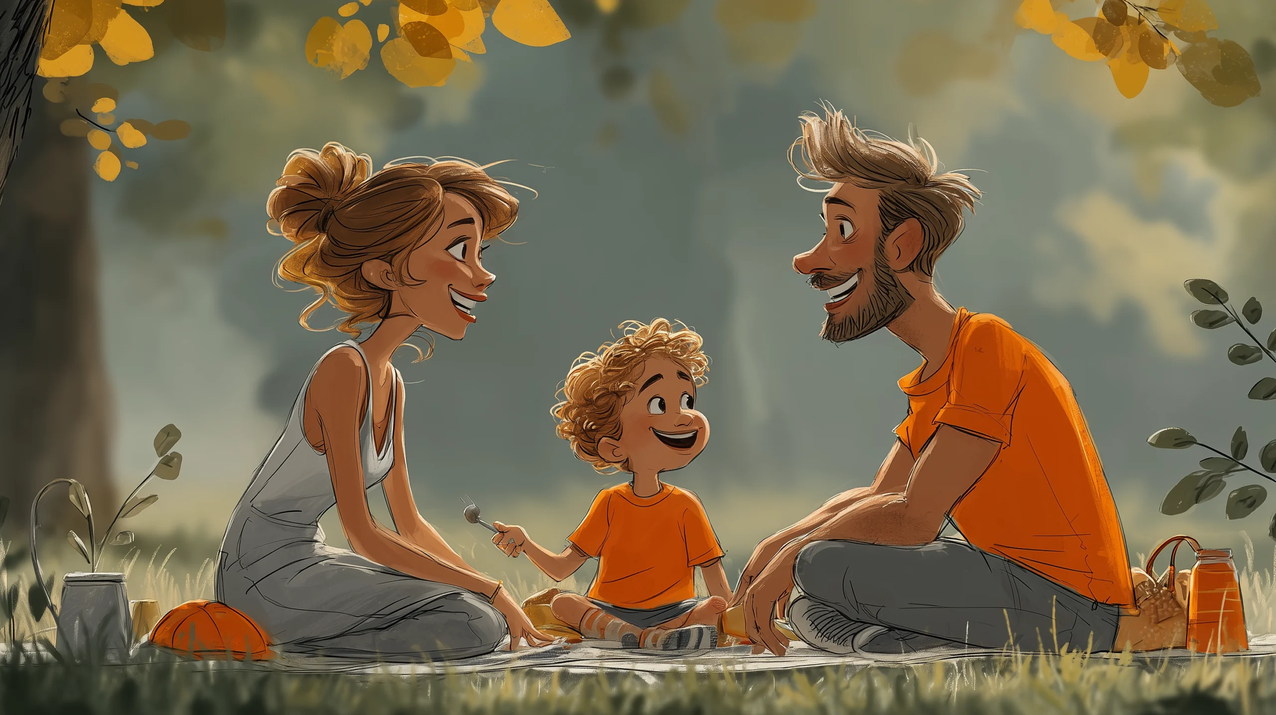 Eine Familie sitzt im Gras.