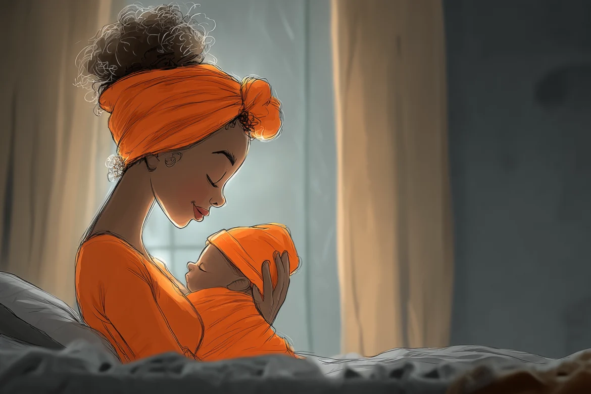 Eine Mutter hält ihr Neugeborenes auf dem Arm. Hinter ihr scheint die Sonne in das Bild.