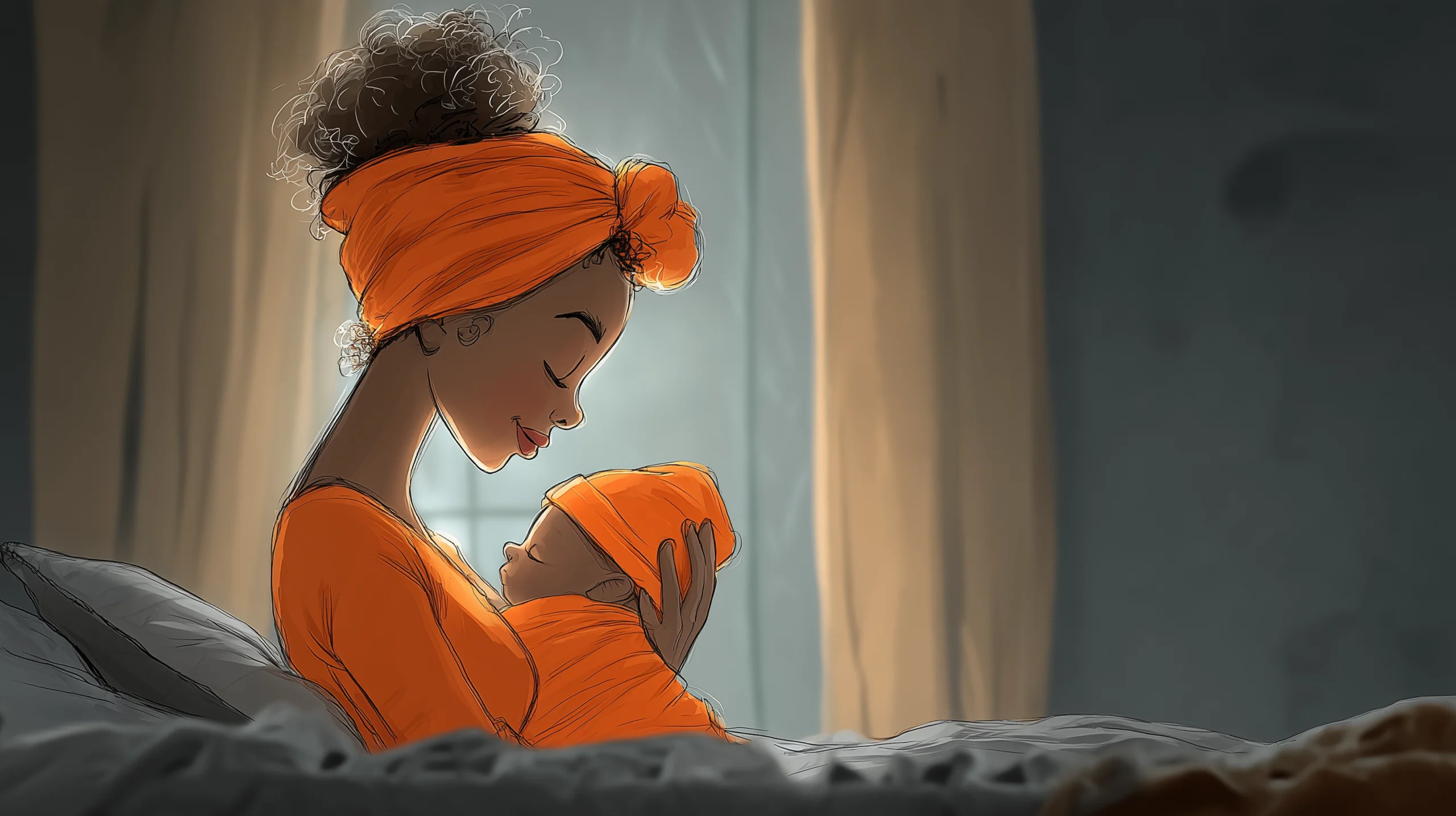 Eine Mutter hält ihr Neugeborenes auf dem Arm. Hinter ihr scheint die Sonne in das Bild.