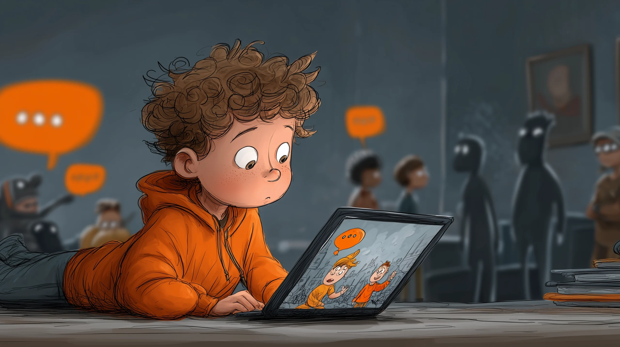 Ein Kind spielt mit einem Tablet. Im Hintergrund Personen als dunkle Schatten.