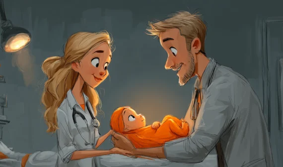 Eine Ärztin untersucht gemeinsam mit einem Vater ein Neugeborenes.