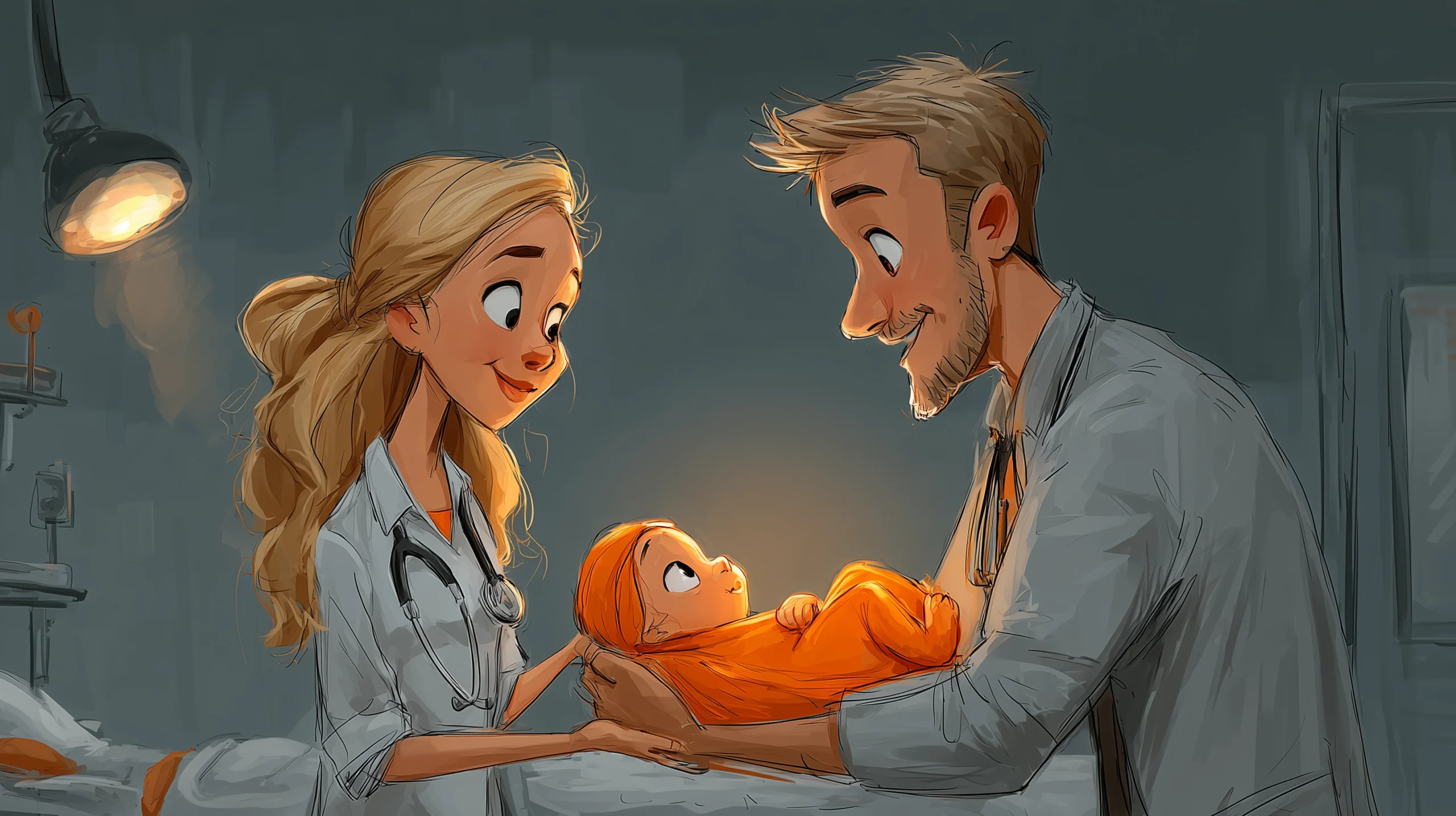 Eine Ärztin untersucht gemeinsam mit einem Vater ein Neugeborenes.