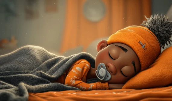 Ein Kind mit einem Schnuller, schlafend im Bett.