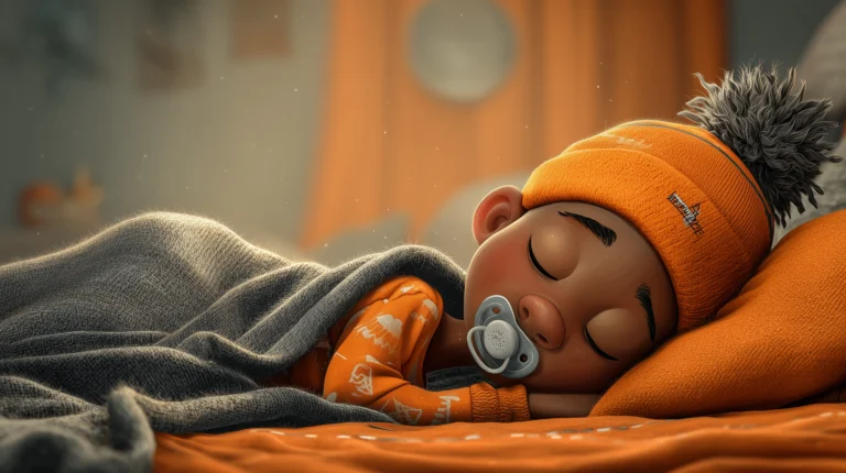 Ein Kind mit einem Schnuller, schlafend im Bett.