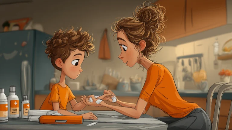 Eine Mutter verbindet des Arm ihres verletzten Kindes.