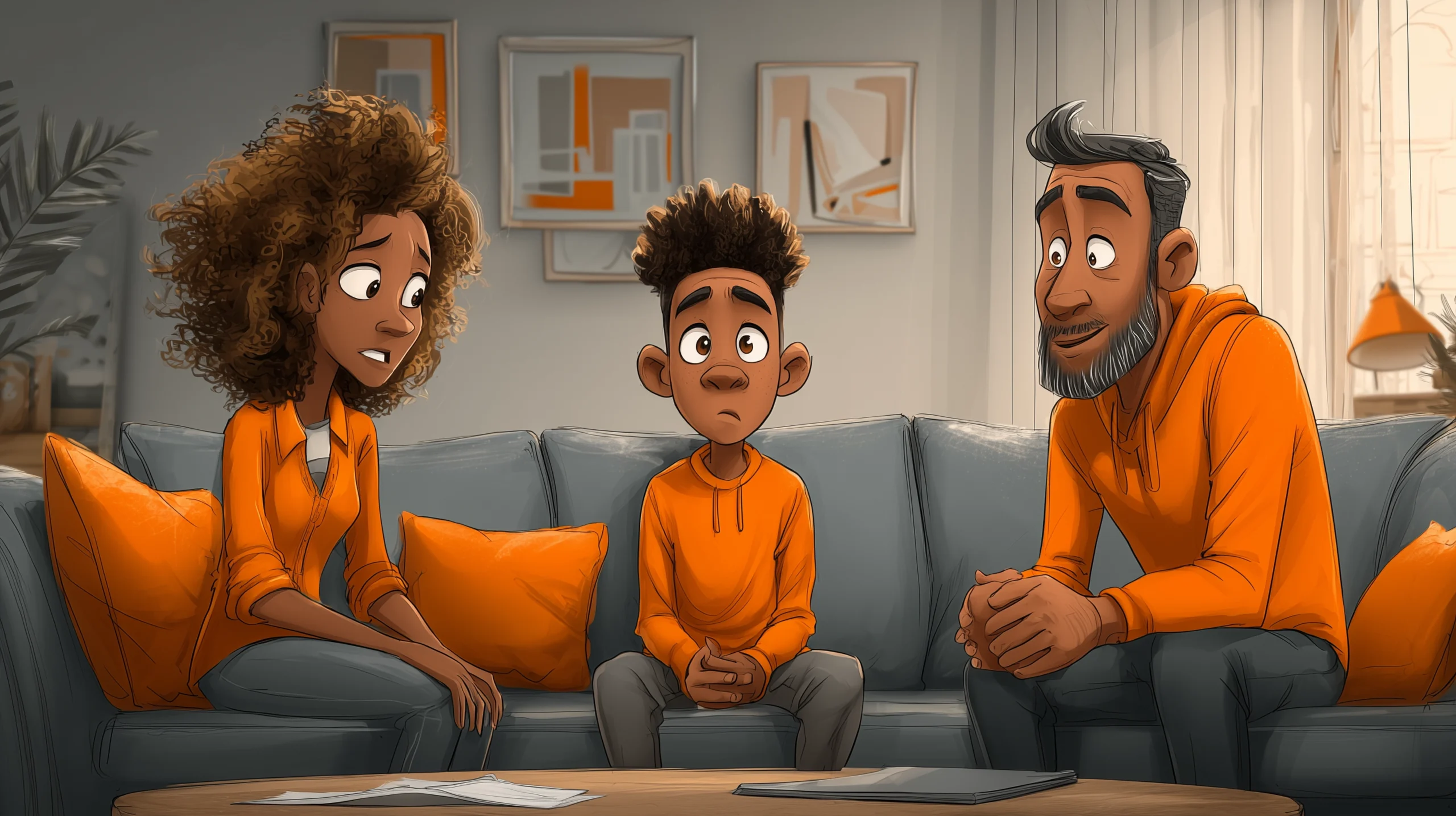 Besorgte Eltern sitzen mit ihrem jugendlichen Kind auf dem Sofa.