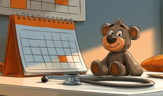 Ein Teddybär sitzt neben einem Terminkalender.