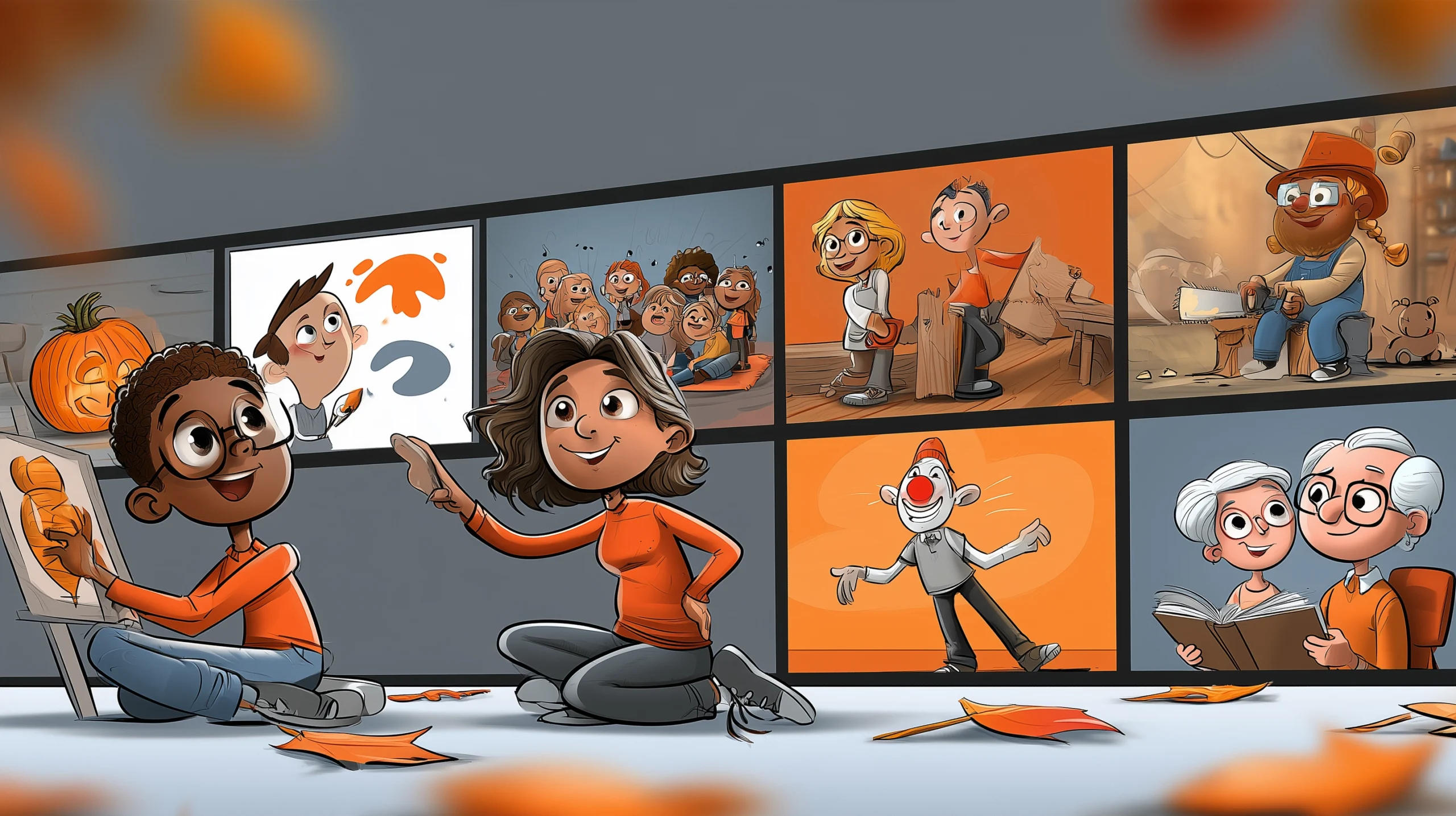Eine Illustration zu den Kinderkulturtagen 2026. Sie zeigt Kinder bei diversen Aktivitäten.